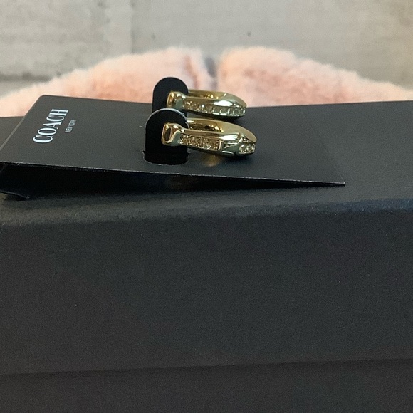 COACH Gold Pave Crystal C Hinge Huggie Earrings - Picture 7 of 8